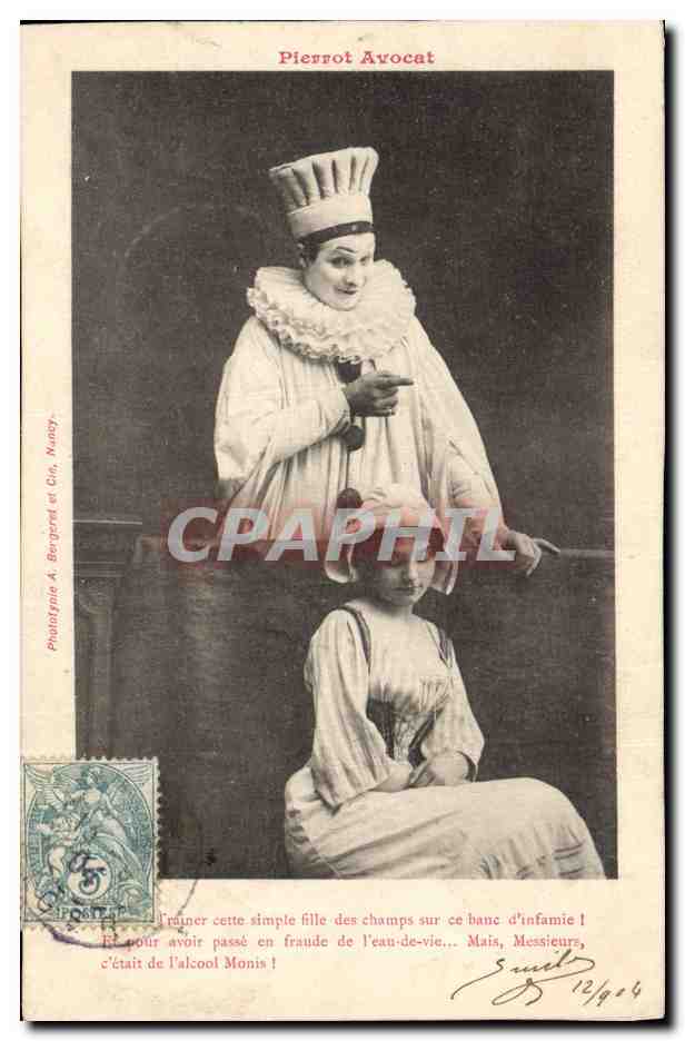 Pierrot Avocat — scène comique avec jeune fille — Phototypie A. Bergeret et Cie, Nancy