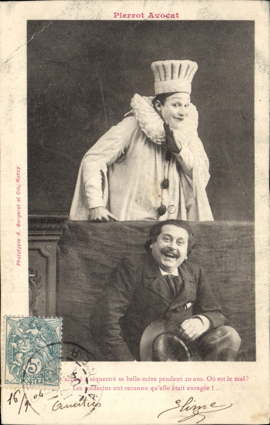 Pierrot Lawyer — comic scene with man in clown costume and man in city suit — Phototypie A. Bergeret et Cie, Nancy