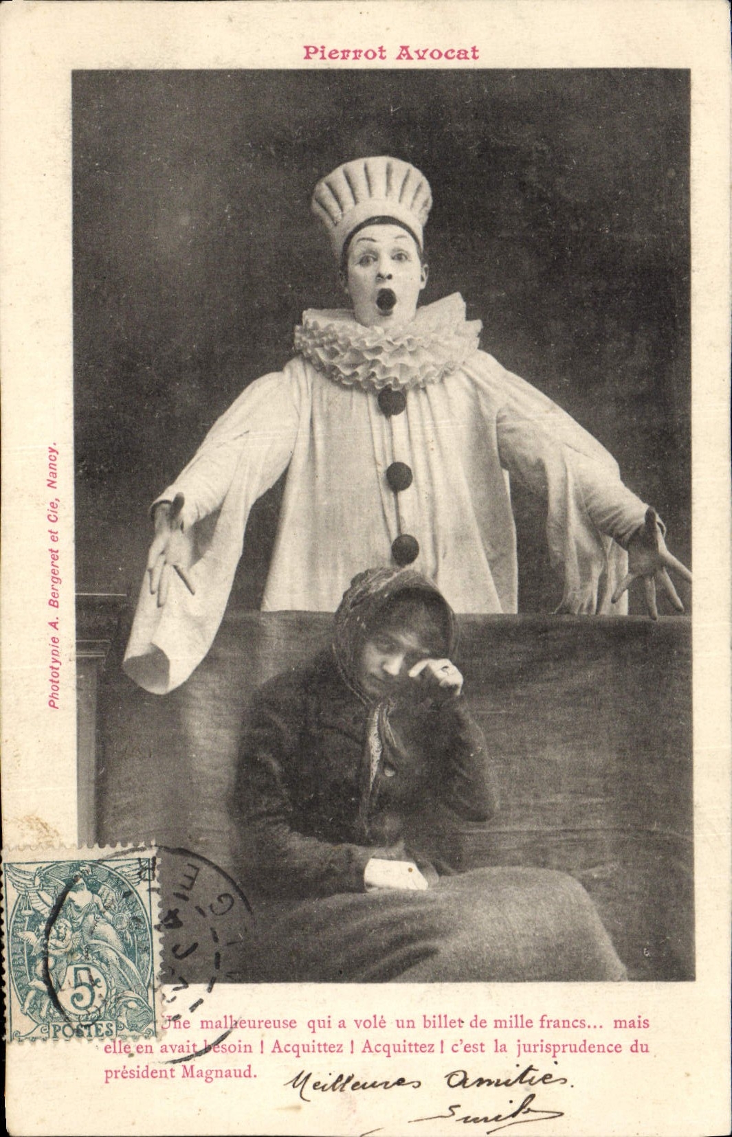 Pierrot Avocat — scène comique avec texte humoristique — Phototypie A. Bergeret et Cie, Nancy