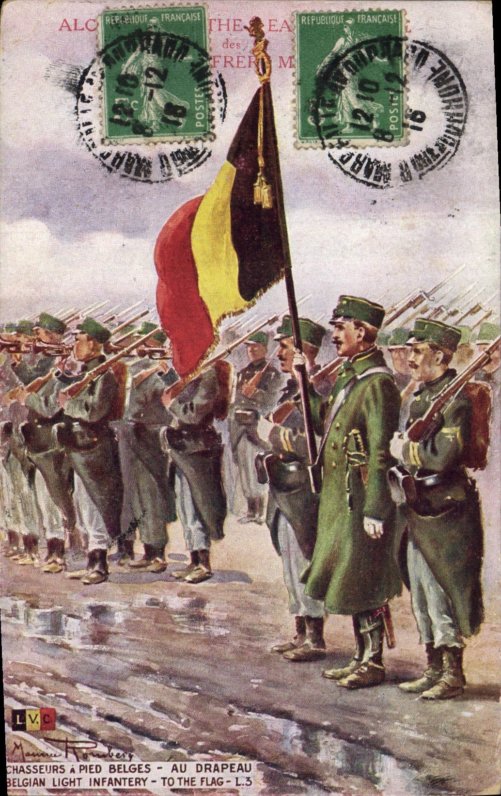CPA Militaria Chasseurs a pieds belges Au drapeau 