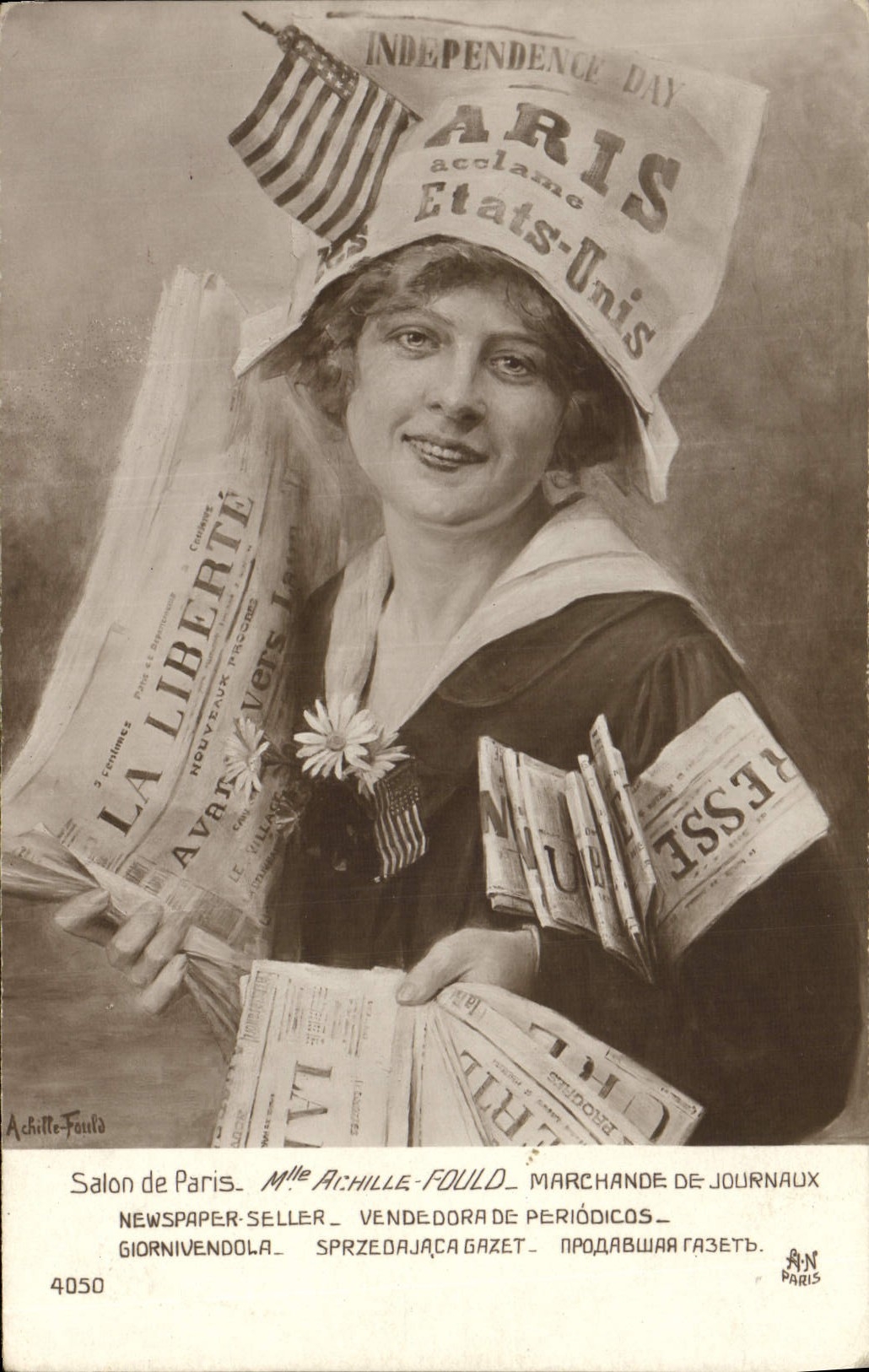 Paris célèbre l'Indépendance des États-Unis — Mlle Achille-Fould, marchande de journaux, éditeur Achille-Fould, n° 4050