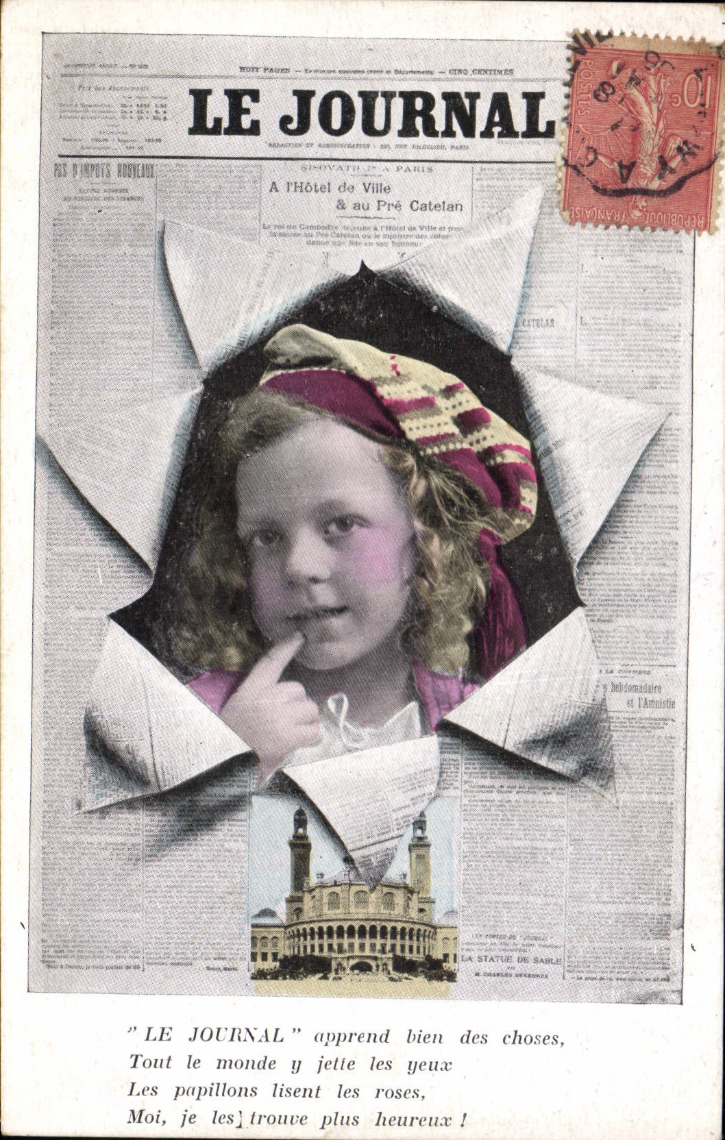 Fille en bonnet à motifs — sur fond de journal — éditeur 'Le Journal' et timbre 10c