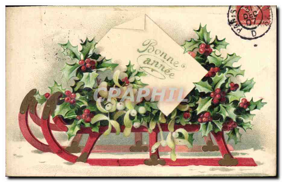 Sleigh décoré de houx et de gui — Bonne année — éditeur inconnu