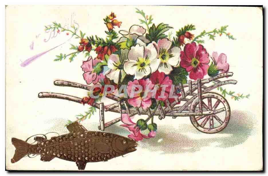 Fleurs dans un chariot — avec poisson en bas — éditeur J.C. Paris