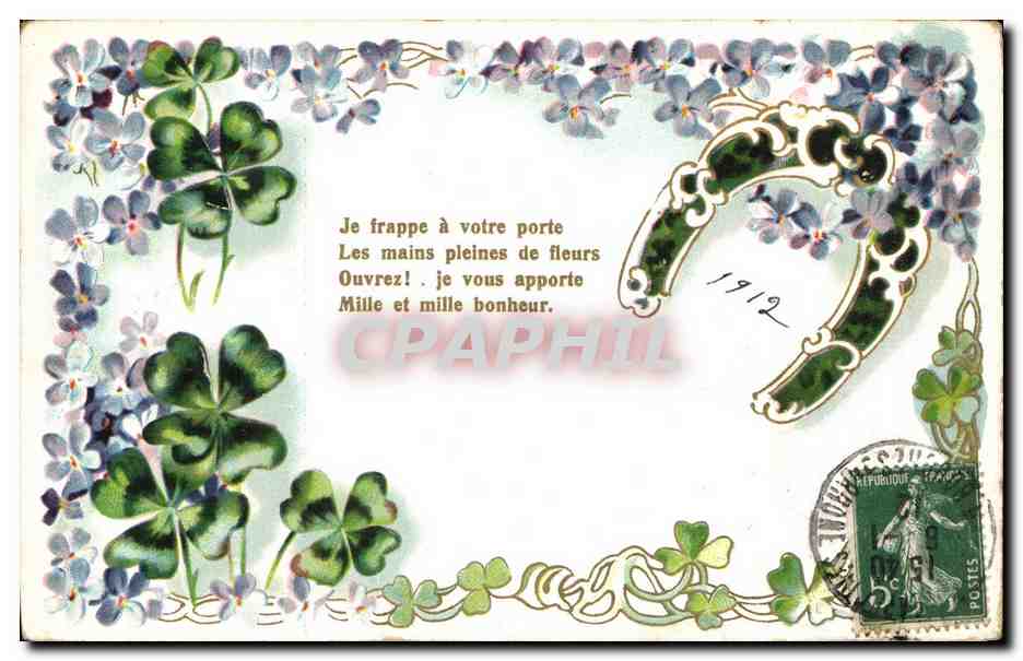 CPA Fantaisie Fleurs Trefles Fer a cheval