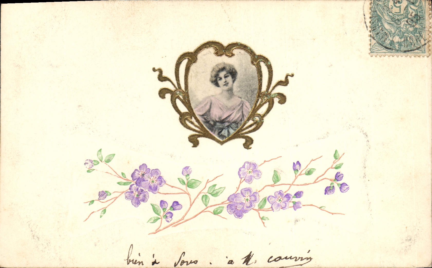 Portrait de femme — décor floral — éditeur anonyme, n° de série non visible