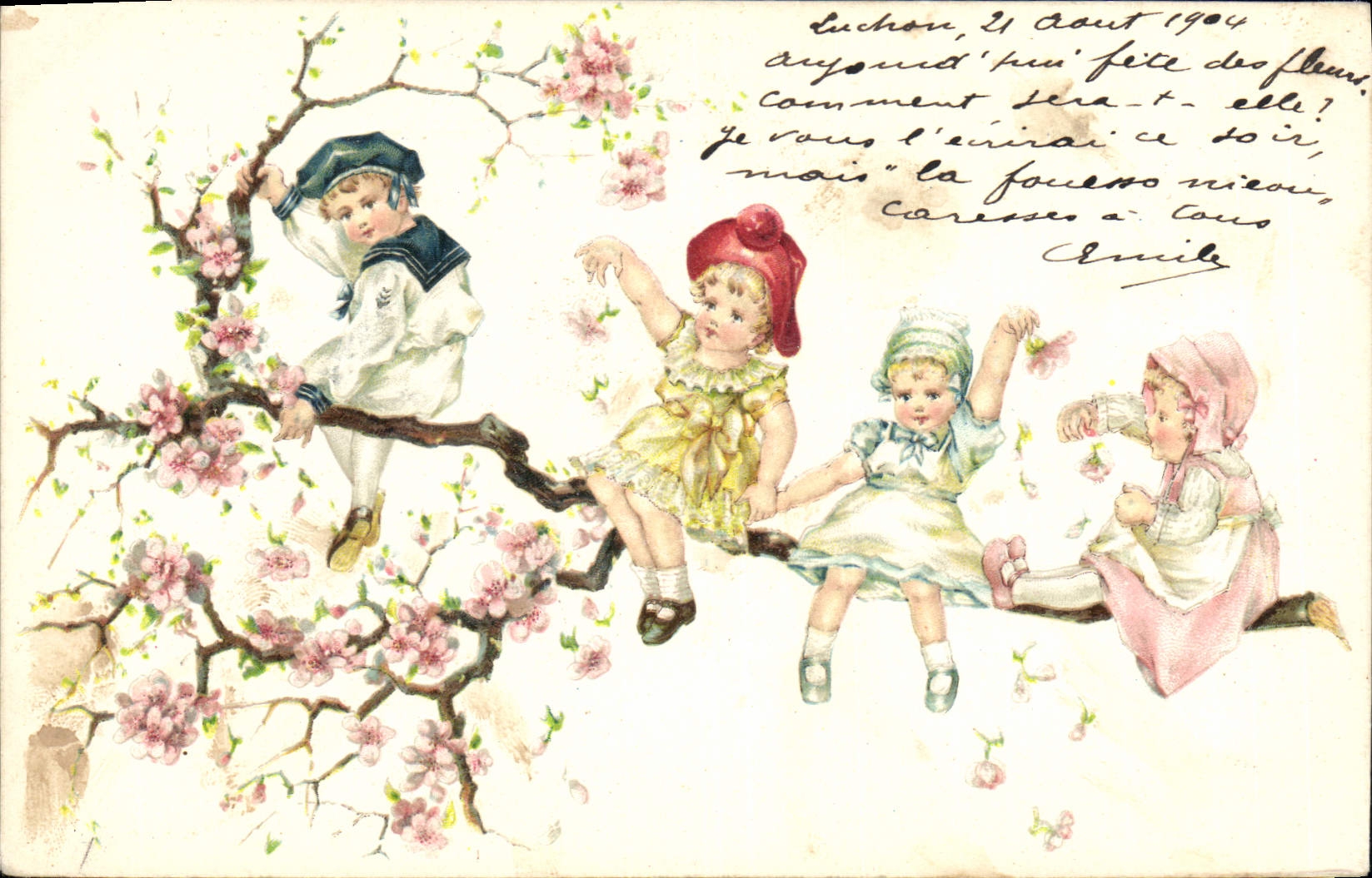 Enfants jouant sur une branche fleurie — Éditeur : Carte Postale (verso) — N° de série non visible