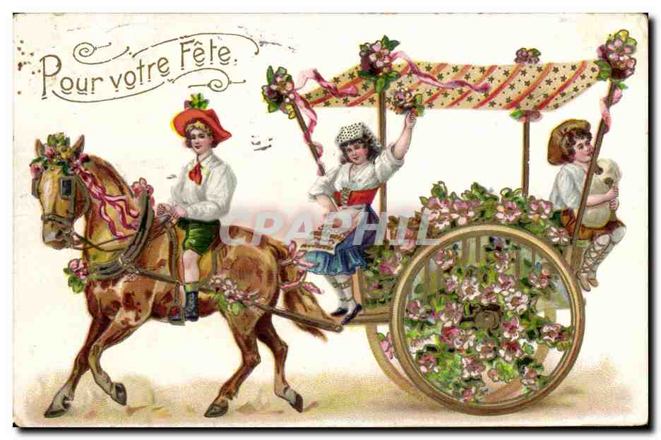 CPA Fantaisie Fleurs Enfants Cheval
