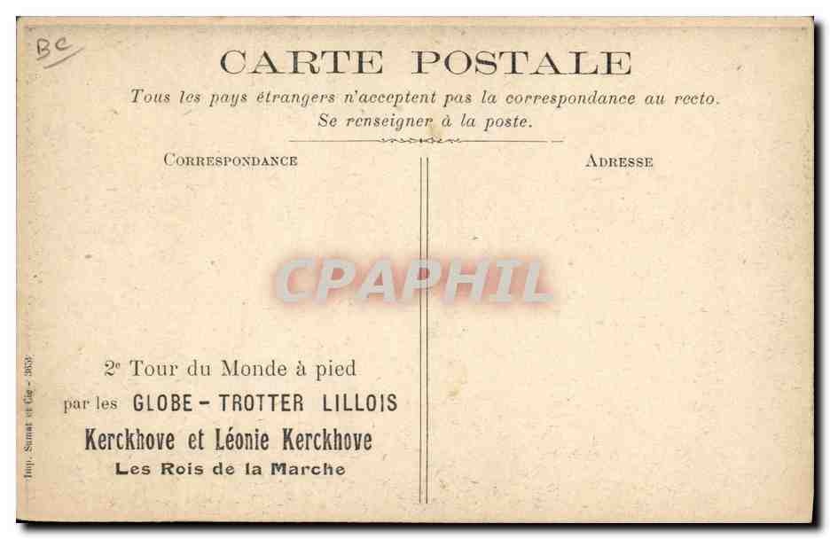 CPA Globe Trotters Globe-Trotters 2eme Tour du Monde a pied Kerkhove et Leonie Kerckhove Les rois de la marche Medaille TOP — Rückseite