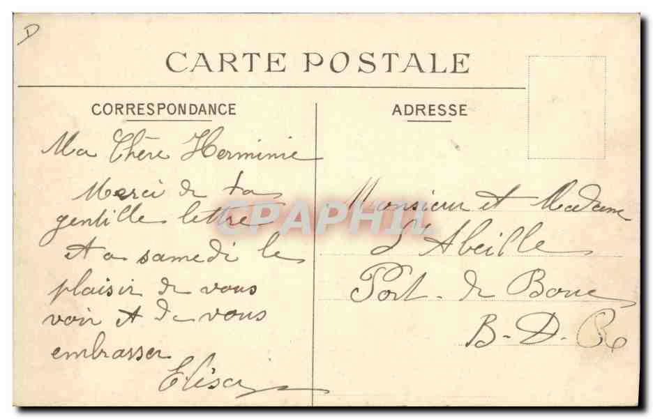J. B. Doussineau, ex-boulanger, victime de la Compagnie de l'Ouest — sans indemnité et sans secours de l'Assistance Publique — voyage à Paris à dos de chameau — reproduction interdite — Verso
