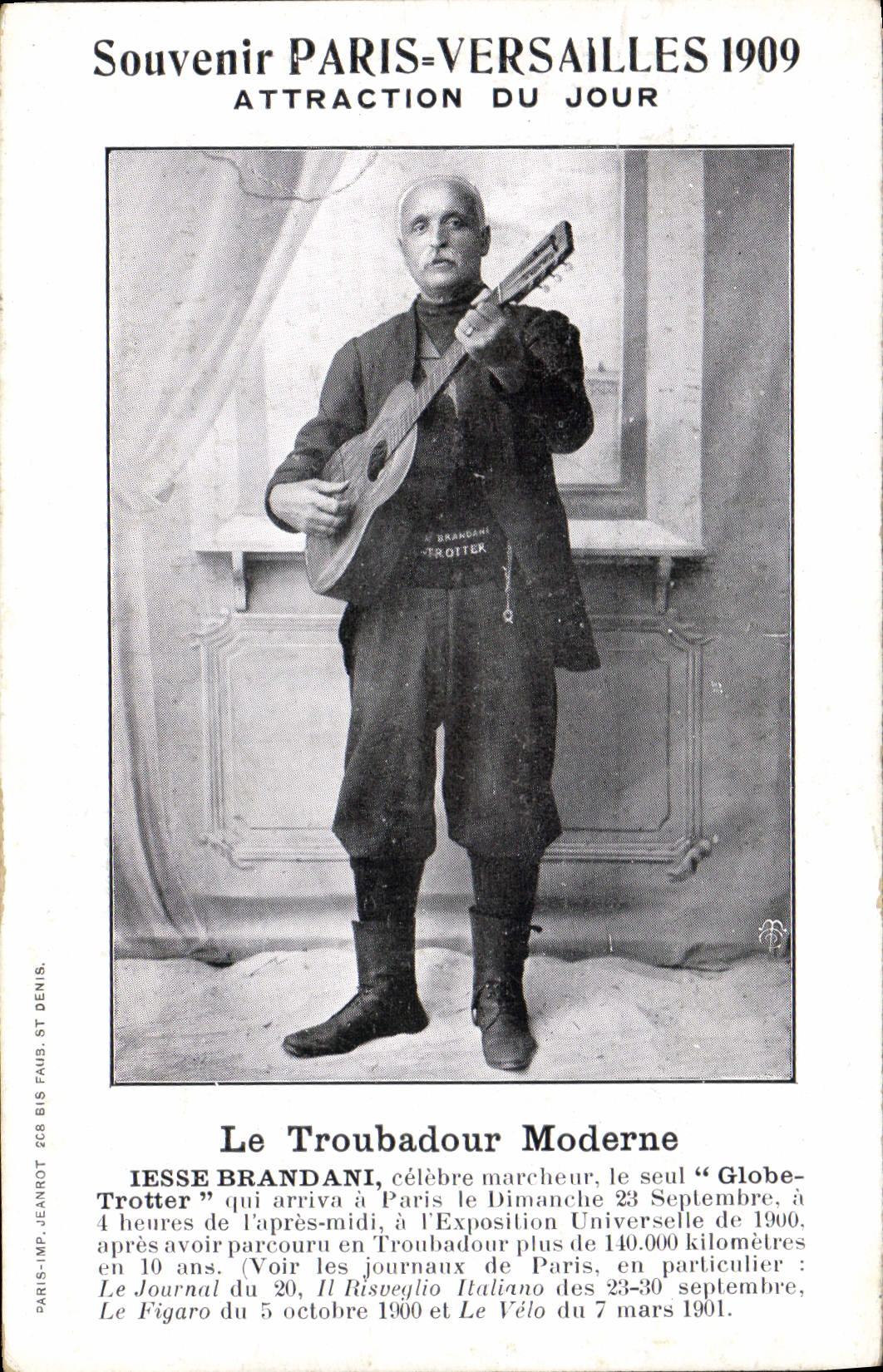 Le Globe-Trotter Iesse Brandani — Souvenir PARIS-VERSAILLES 1909 — Paris-Impr. Jeanrot, 268 Bis Faub. St Denis