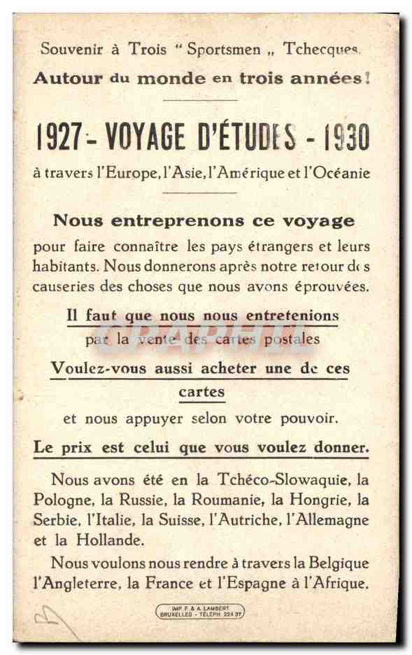 CPA Globe Trotters Globe-Trotters 1927 1930 Voyage d'etudes Velo Cycle Tcheques — Verso
