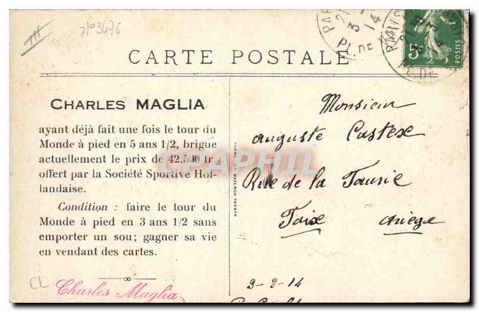CPA Globe Trotters Globe-Trotters Charles Maglia Roi des voyageurs Deux fois le tour du monde a pied — Verso