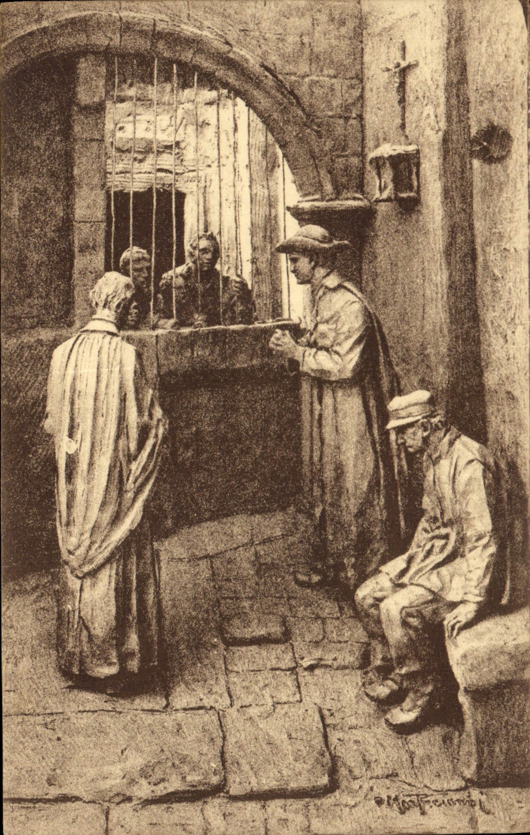 CPA Fantaisie Illustrateur Mastroianni Vie de Don Bosco A Turin Don Bosco visite les prisonniers avec le bienheureux Cafasso