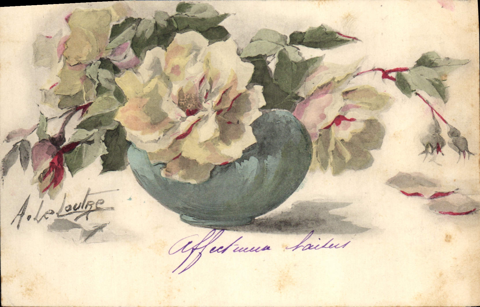 Bouquet de roses — A. Le Loulze — dessin à l'aquarelle