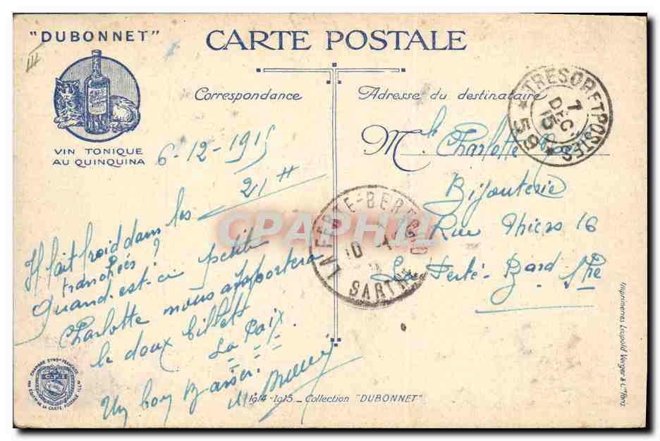 CPA Militaria Veille de Noel sur le front Dubonnet — Rückseite