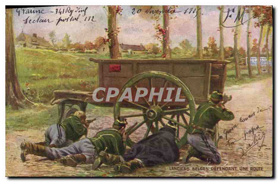 CPA Militaria Lanciers belges defendant une route
