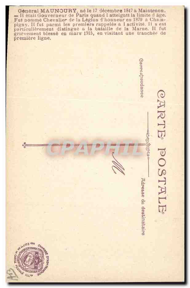 Général Maunoury — portrait militaire — éditeur CPAPHIL, n° 45 — Verso