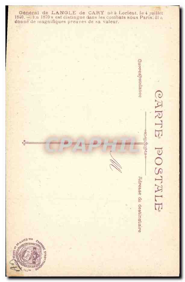 Général de LANGLE de CARY — né à Lorient, distingué dans les combats sous Paris — Carte postale — Verso