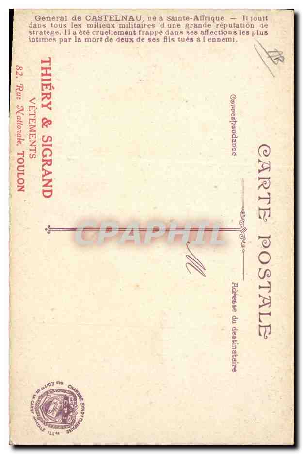 Général de Castelnau — Né à Sainte-Afrique — Éditeur Thiéry & Sigrand, Toulon — Verso