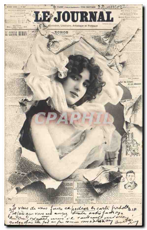 Femme au milieu de journaux — couverture du journal 'Le Journal' — éditeur anonyme, n° de série non lisible