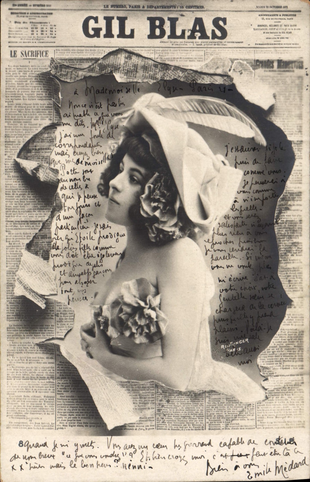 Femme en robe à fleurs — illustration sur fond de journal — Gil Blas, Paris, 1909