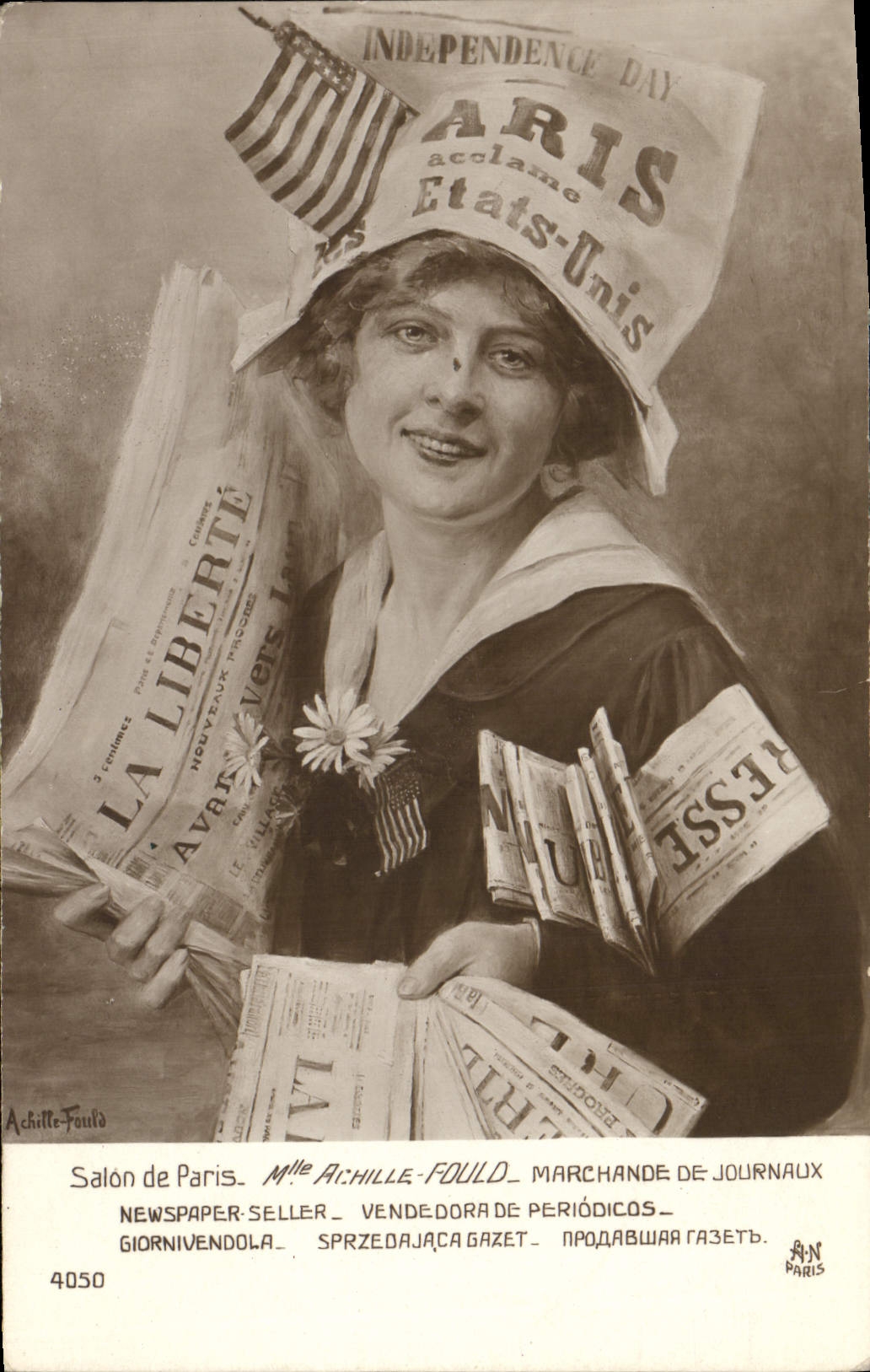 CPA Fantaisie Journaux Journal Salon de Paris Mlle Achille Fould Marchande de Journaux