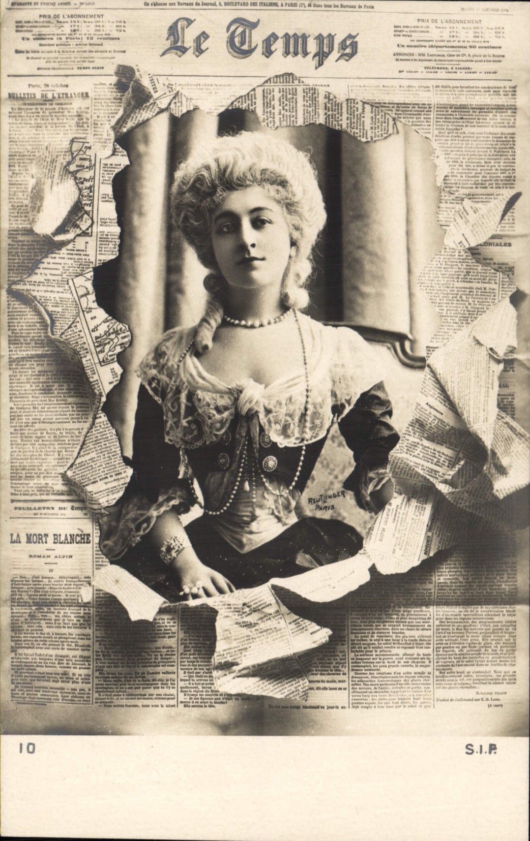Femme en costume d'époque — sur fond de journal Le Temps — éditeur RiTUNGER Paris, n°10