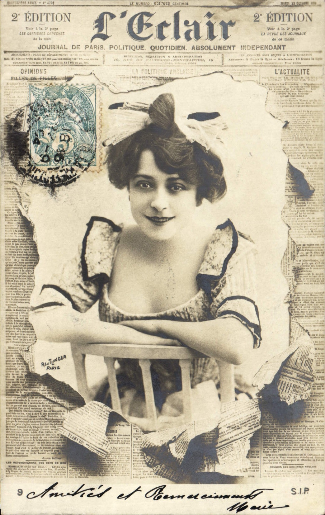 Jeune femme — portrait sur fond de journal — L'Éclair, 2e édition