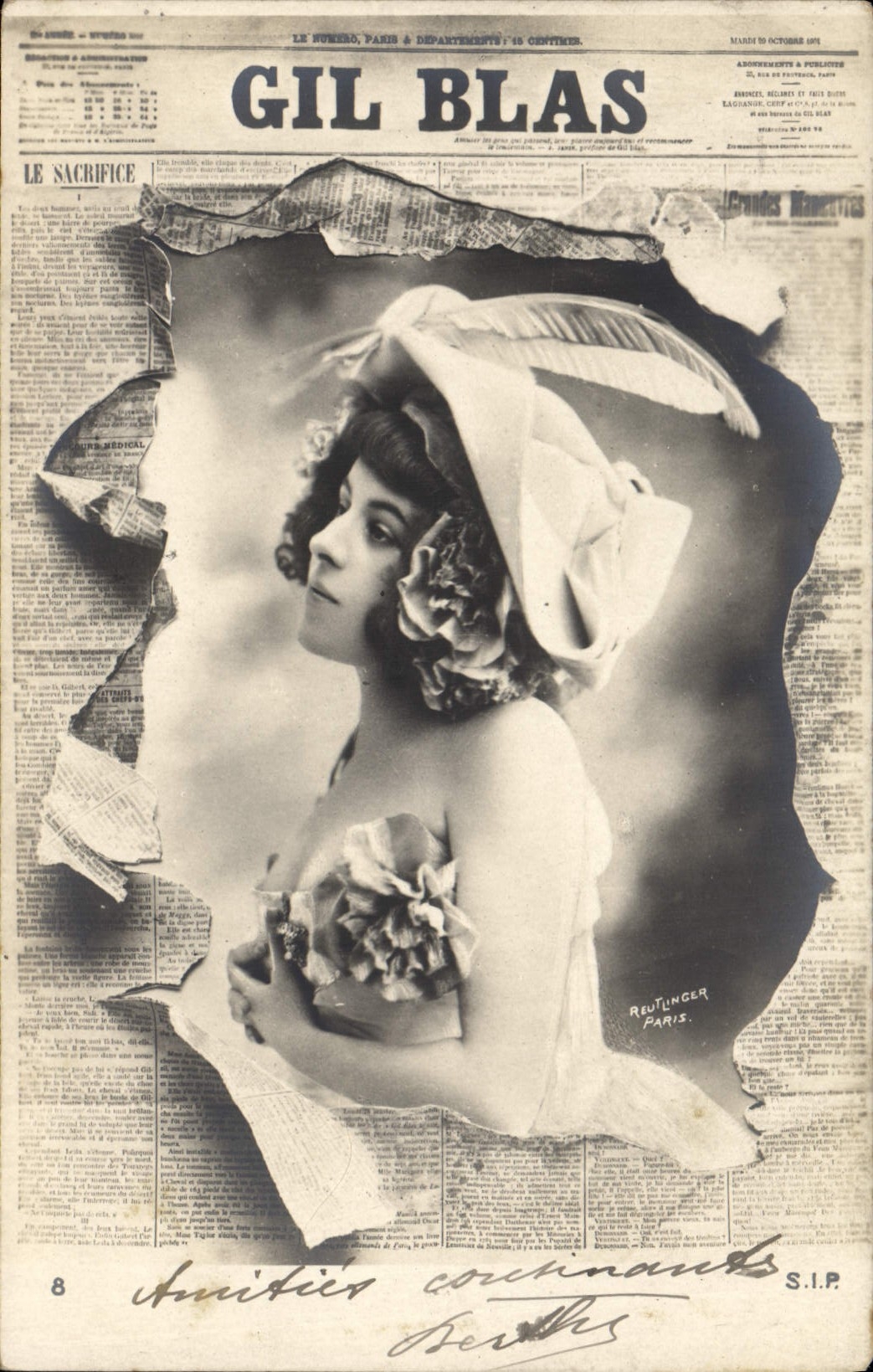 Femme en chapeau à fleurs — 'Le Sacrifice' — Gil Blas, éditée par Reutlinger, Paris