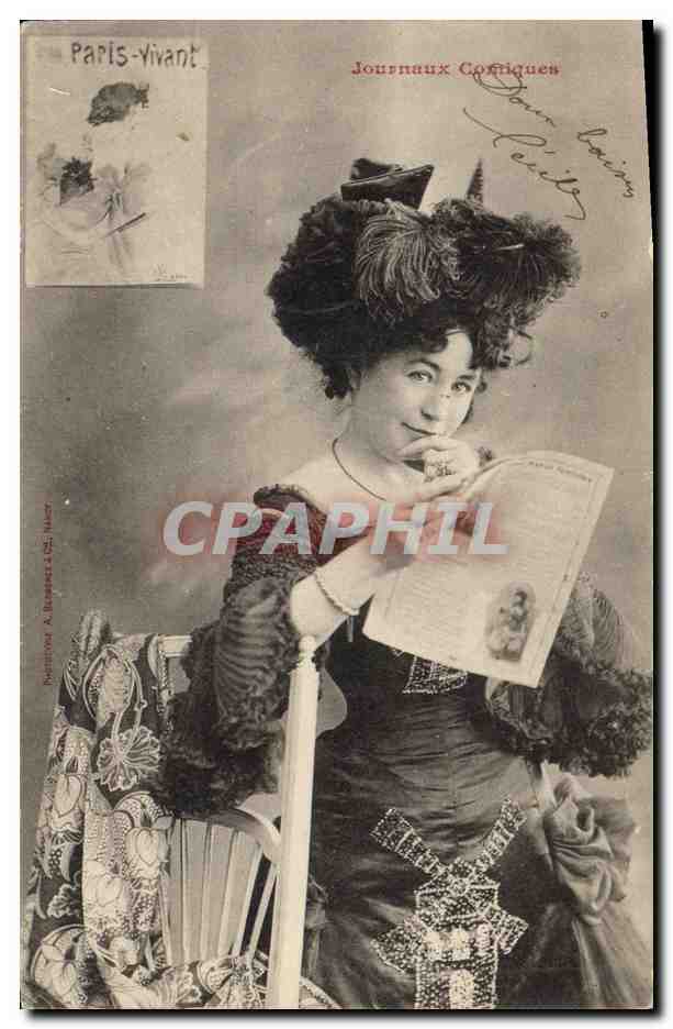 Femme en robe sombre et chapeau à plumes — Journaux Costiqués — Paris-Vivant, éditeur A. Baudet & Cie, n° 300