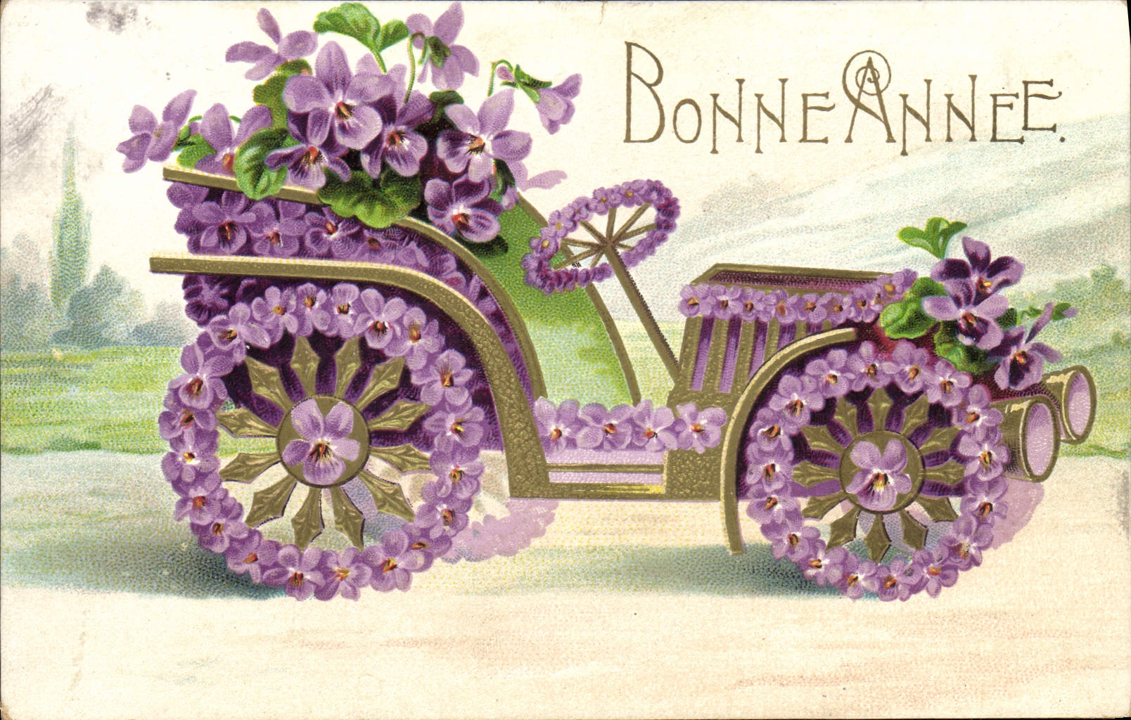 Voiture décorée de violettes — Bonne Année — K. F. Éditeurs, Paris, série O1283