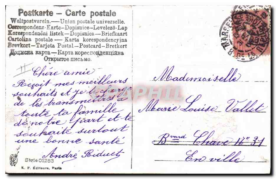 Voiture décorée de violettes — Bonne Année — K. F. Éditeurs, Paris, série O1283 — Verso