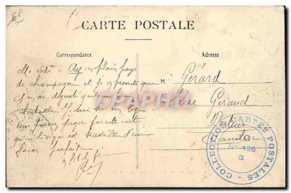Le Repas des Vendangeurs — La Vie en Champagne (édité par G. Fraunou, phot. Édit. à Ay-Macney) — n° 352 — Verso