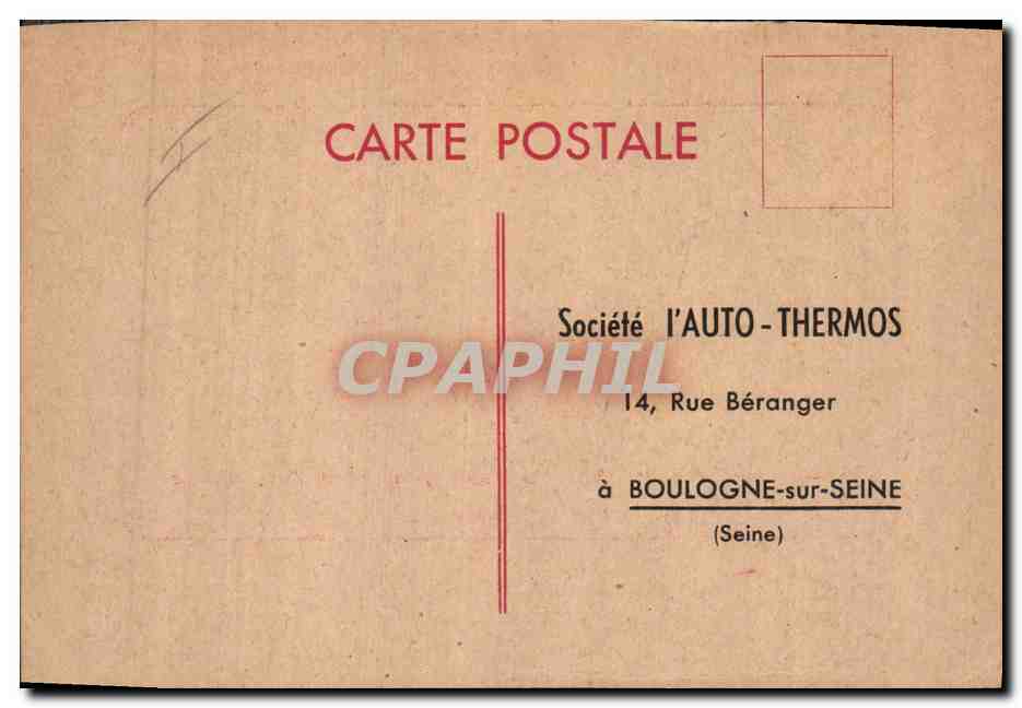 CPA Publicite Vite Mieux Meilleur Auto Thermos Rue Beranger Boulogne  — Rückseite