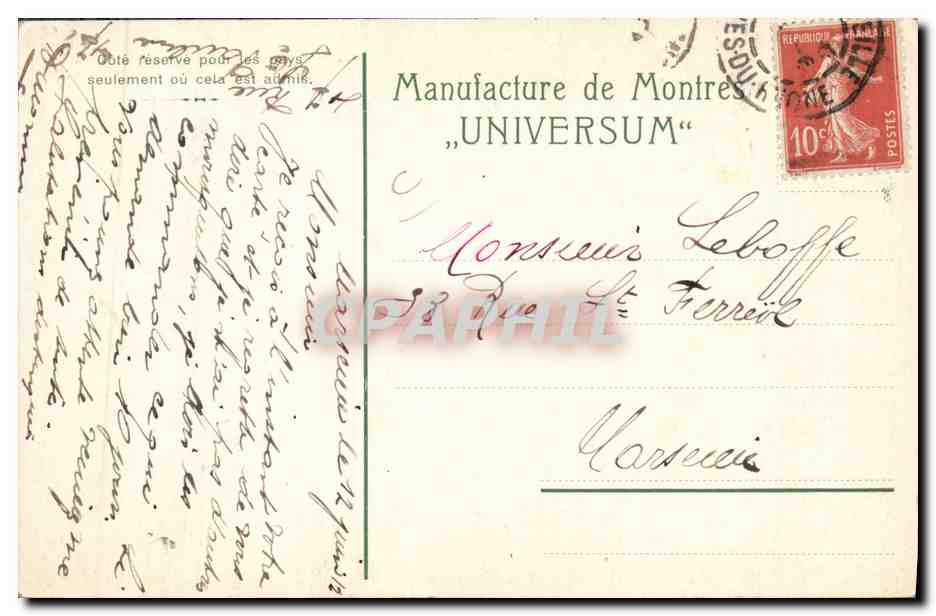 CPA Publicite Universum Montres Montre Horlogerie  — Rückseite