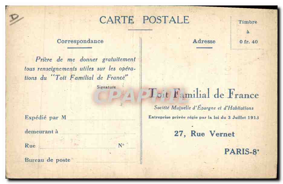 CPA Publicite Toit familial de France Rue Vernet Paris 8eme  — Rückseite