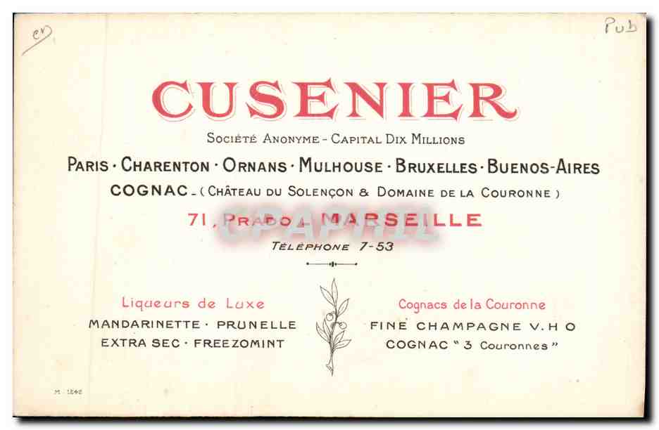 CPA Publicite Le Mandarin A base de mandarines Aperitif Alcool Cusenier Fils  — Rückseite