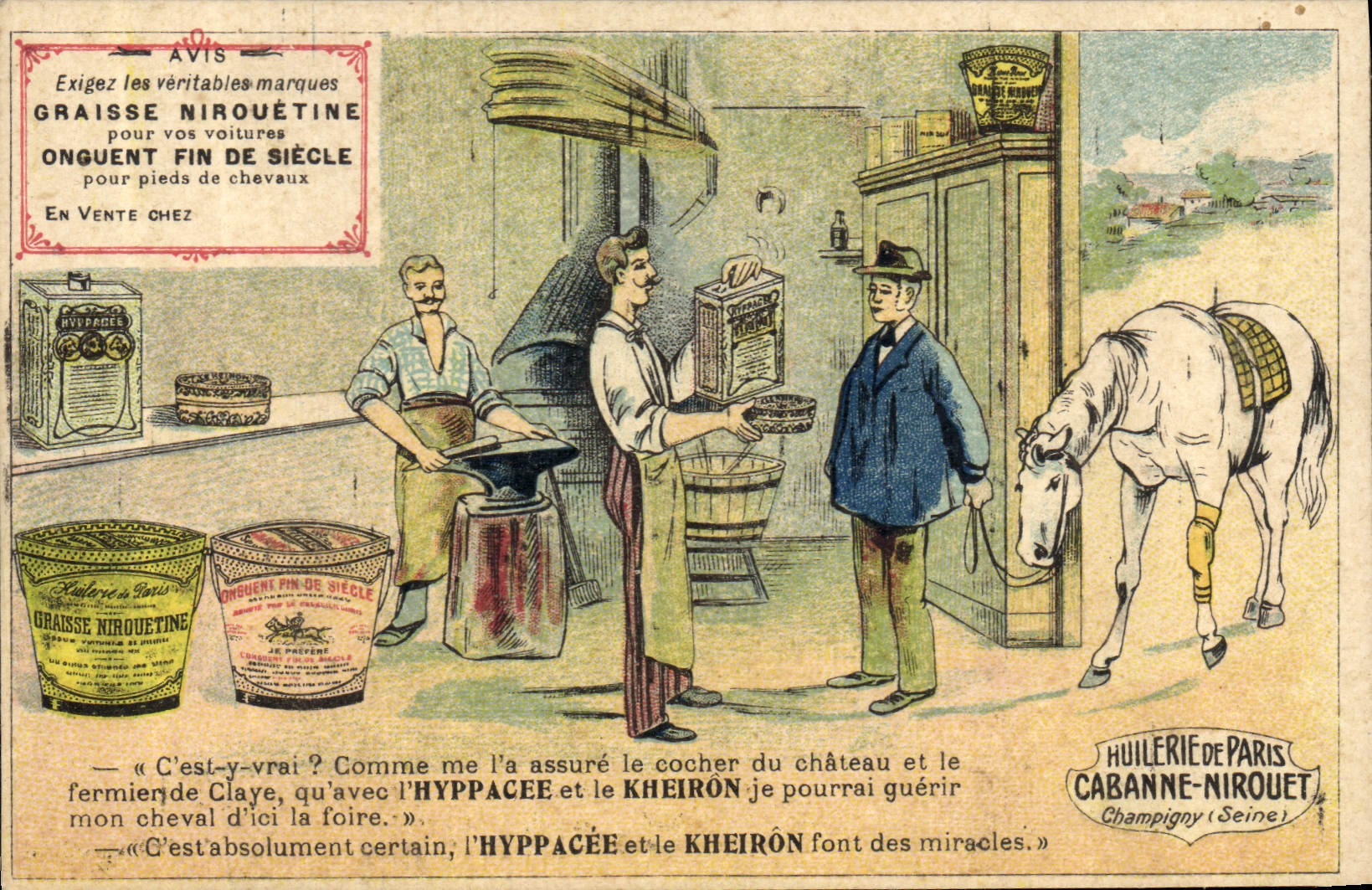 CPA Publicite Graisse Nirouetine Huilerie de Paris Cabanne Nirquet Cheval Forgeron TOP 