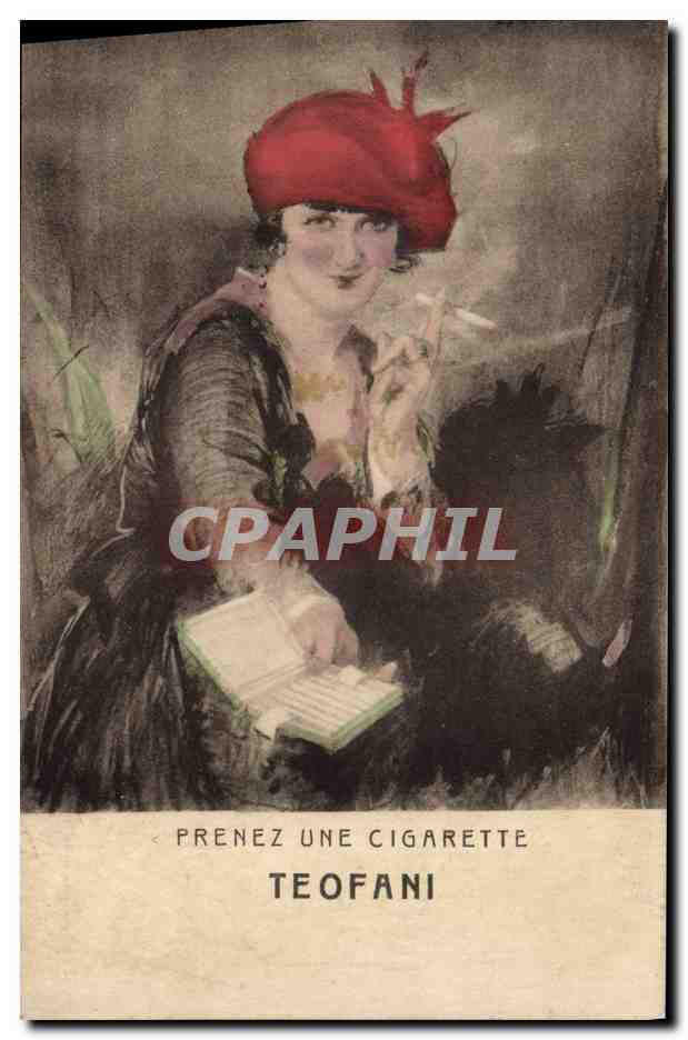 Femme en chapeau rouge fumant une cigarette — publicité pour les cigarettes Teofani — éditeur Cie. Albrandine des Arts Photomécaniques, Strasbourg