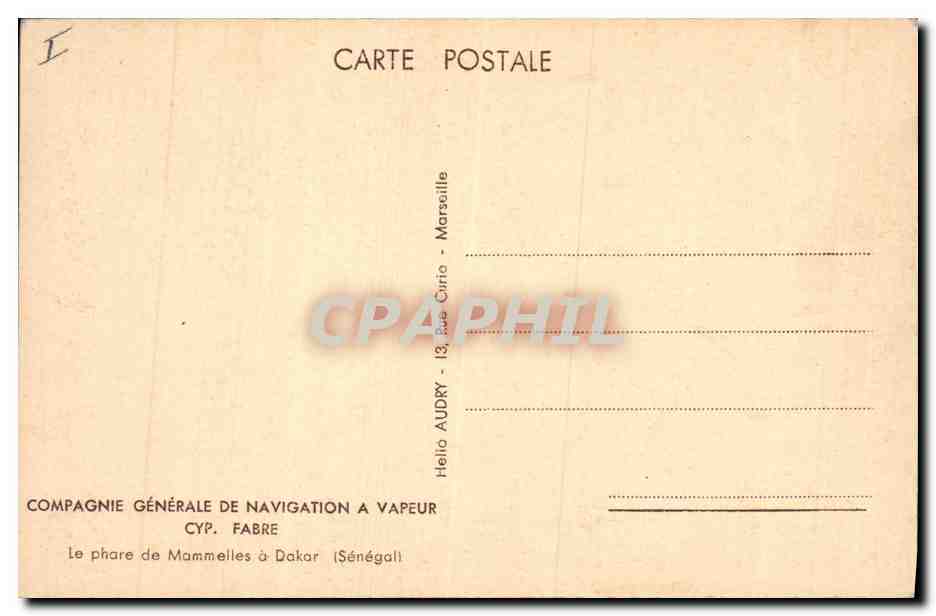 CPA Arbre Compagnie Generale de Navigation a vapeur Cyp Fabre Le phare de Mammelles a Dakar Senegal — Verso