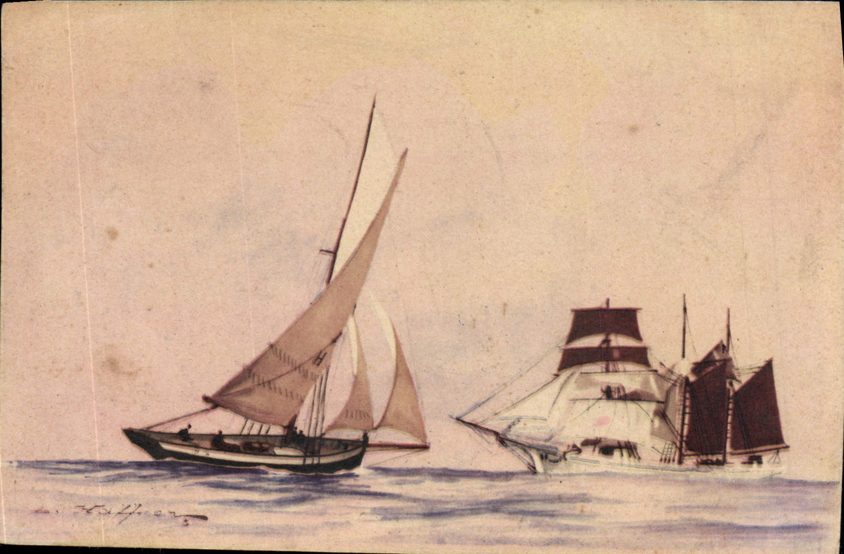 Pilote et Trois Mâts Goélette — Arrivé près de terre, le navire achève sa navigation vers le port sous la conduite du pilote qui vient le chercher à bord de son côtre. — Imprimerie de Paris, AEC Paris