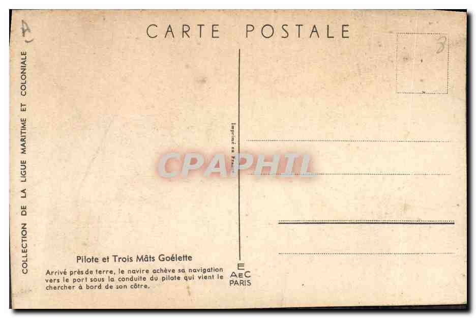 Pilote et Trois Mâts Goélette — Arrivé près de terre, le navire achève sa navigation vers le port sous la conduite du pilote qui vient le chercher à bord de son côtre. — Imprimerie de Paris, AEC Paris — Reverso