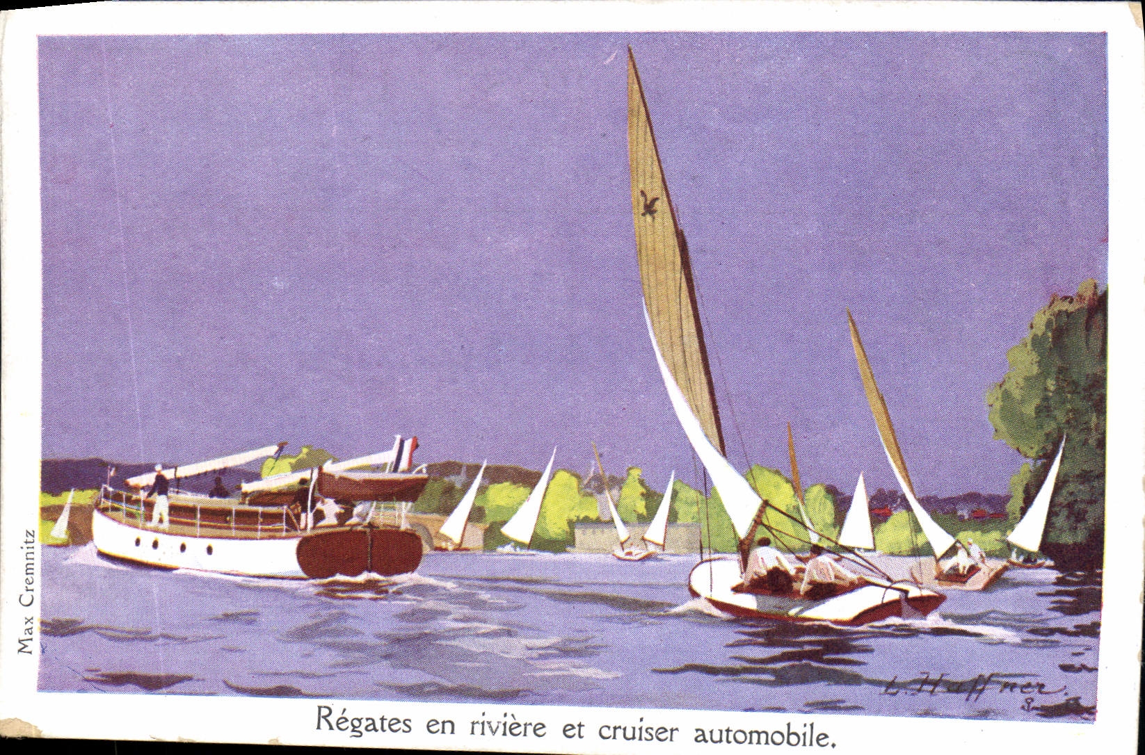 CPA Fantaisie Illustrateur Haffner Bateau Regates en riviere et cruiser automobile 