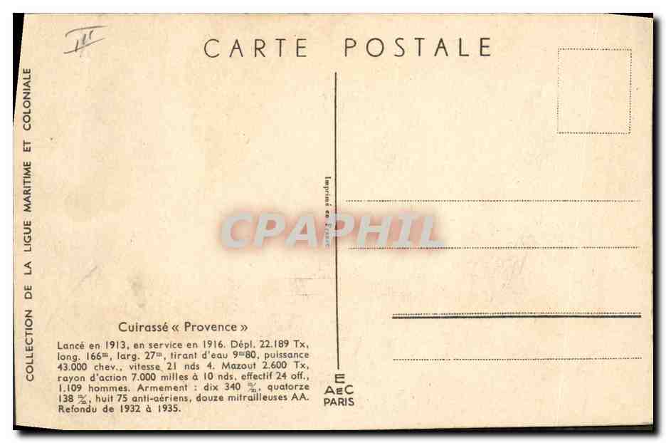 CPA Fantaisie Illustrateur Haffner Bateau de Guerre Cuirasse Provence — Verso