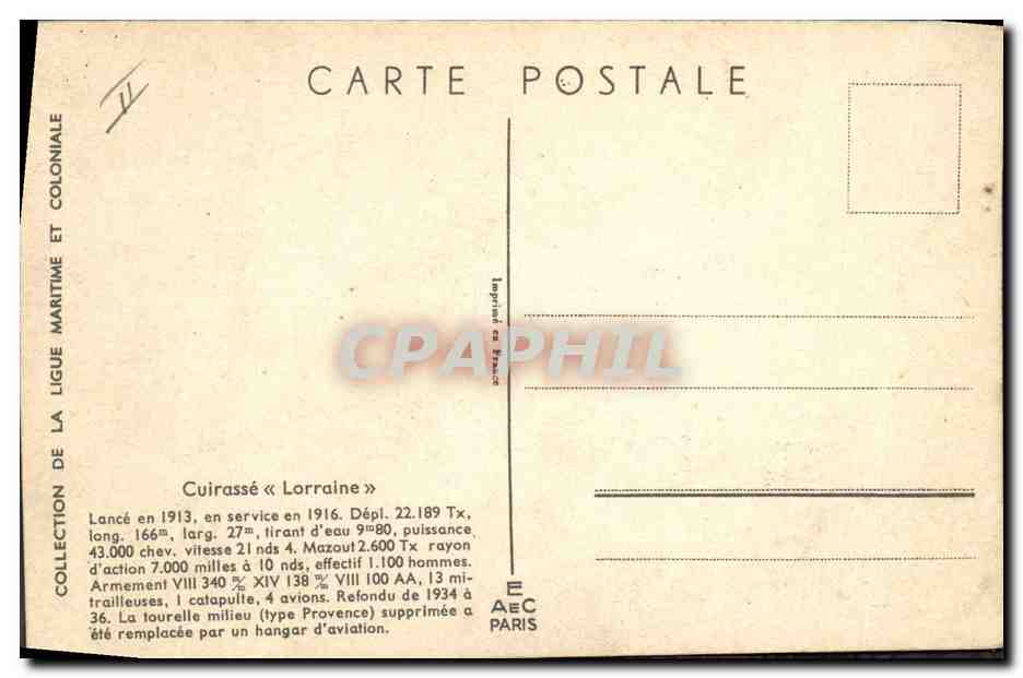 Cuirassé « Lorraine » — Collection de la Ligue Maritime et Coloniale — Éditeur AEC Paris — Verso