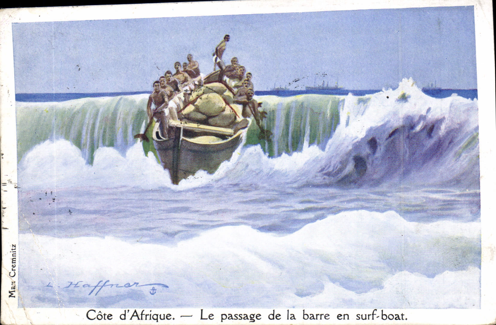 CPA Fantaisie Illustrateur Haffner Bateau de Guerre Cote d'Afrique Le passage de la barre en surf coat