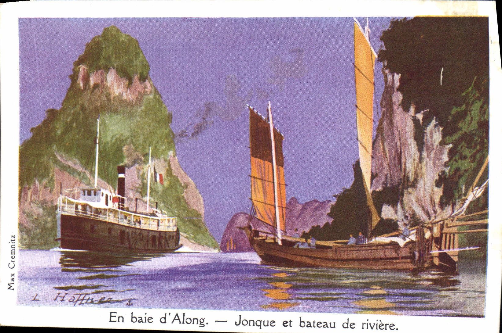 CPA Fantaisie Illustrateur Haffner Bateau de Guerre en Baie d'Along Jonque et bateau de riviere