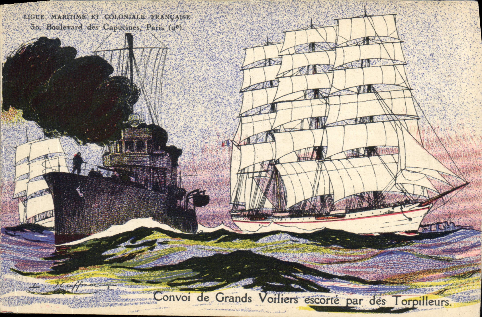 Convoi de Grands Voiliers escorté par des Torpilleurs — Ligue Maritime et Coloniale Française, 30, Boulevard des Capucines, Paris (9e).