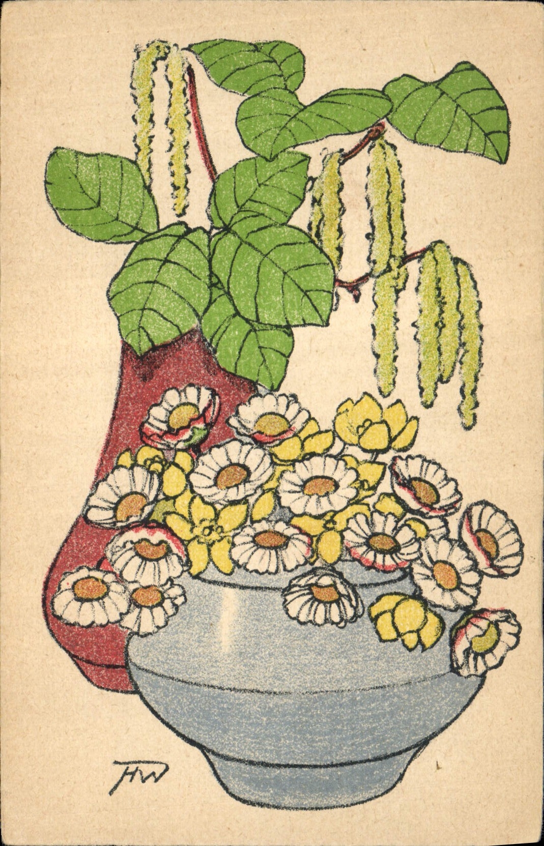 Fleurs et glands dans un vase — illustration — signé JFW